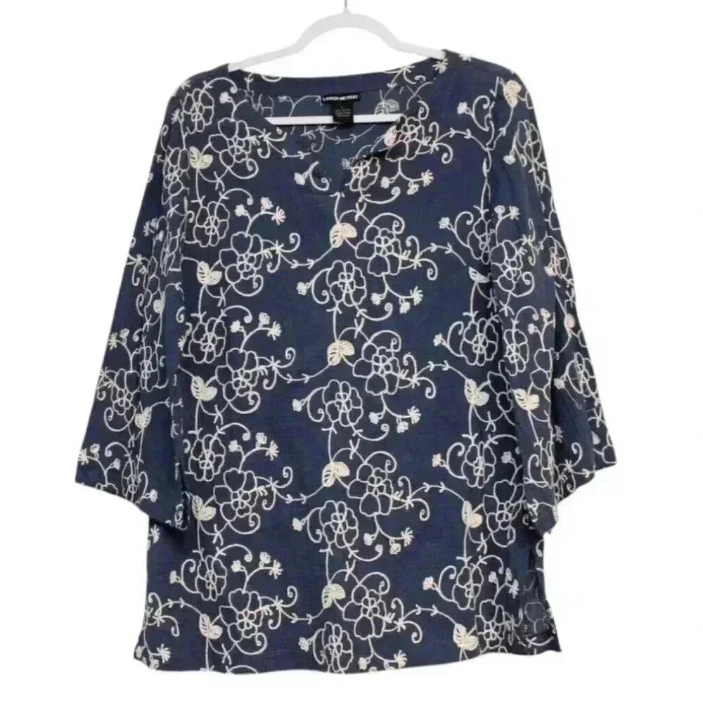 Tunic Blouse Size Large Floral Embroidered 100% Cotton Coastal Beach Lightweight